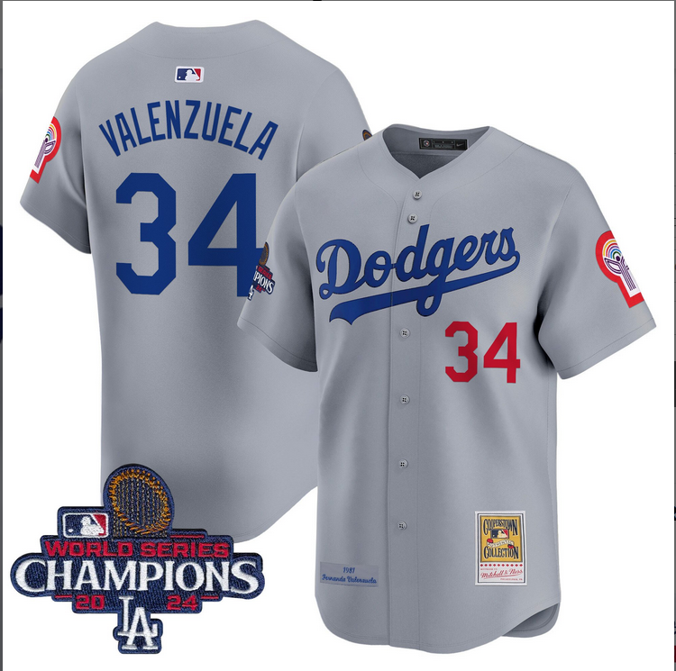 Men MLB Los Angeles Dodgers #34 Valenzuela grey 2024 World Series Champions Patch Cooperstown Jersey